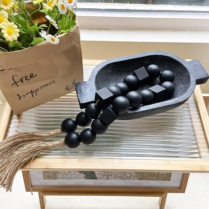 OMISHE Black Extra Large Wood Bead Garland with 1.6" Diameter Wooden Beads and Tassels, 41.5" Long Rustic Farmhouse Country Boho Decorative Beads for Home Decor Tiered Tray Decor
