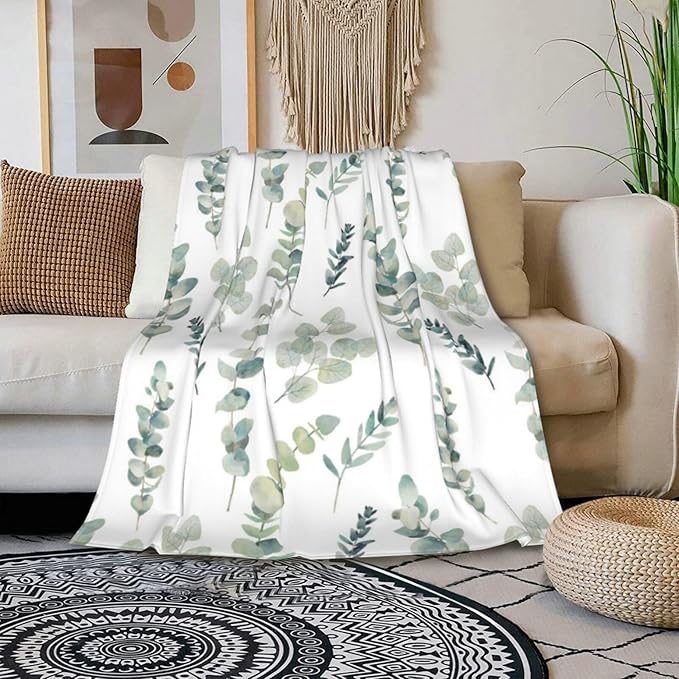 HGOD DESIGNS Watercolor Eucalyptus Flannel Fleece Bed Blanket Throw Blanket Lightweight Cozy Plush Blanket for Bedroom Living Rooms Sofa Couch 40"x50"