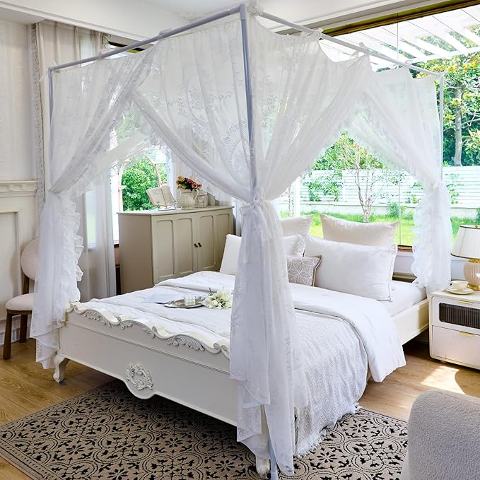 AIKASY Elegant Lace Princess 4-Poster Bed Canopy Mosquito Net - Romantic Wedding Bridal Bedroom Decor, Kids Room Bed Curtain for Women Adults - (White-2,Full)