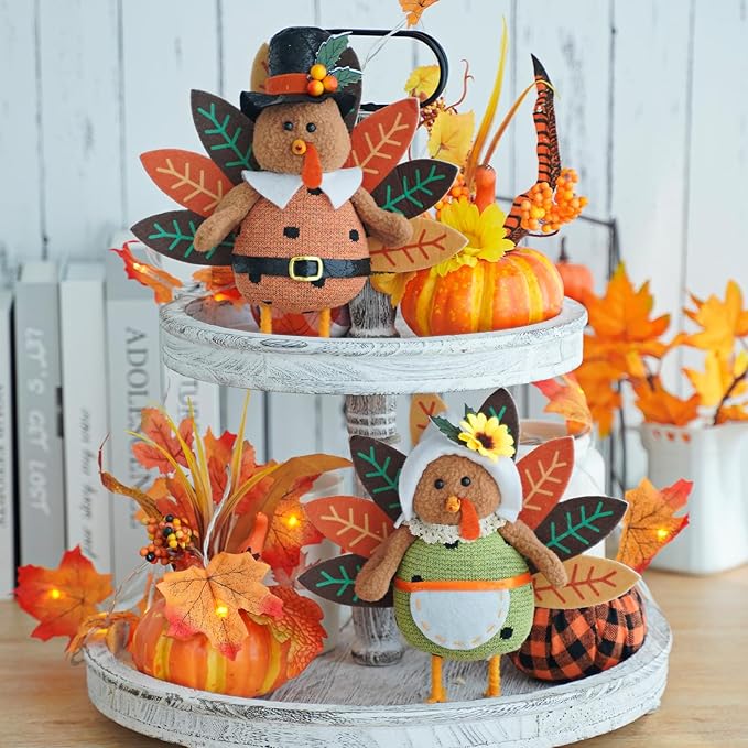 CRCZK Thanksgiving Turkey Decoration Fall Harvest Tabletop Decor Standing turkey with Dangling Legs, 2 Pack Plush Stuffed Turkeys Shelf Figurine Gift for Autumn Fall Harvest Halloween Home Decorations