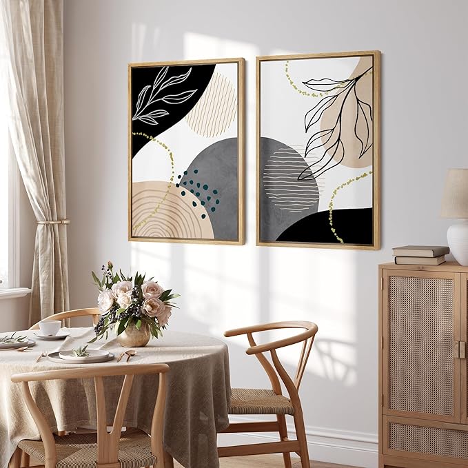 SIGNFORD Framed Canvas Print Wall Art Set Mid-Century Nordic Geometric Ring Plants Abstract Shapes Illustrations Modern Art Decorative Bohemian for Living Room, Bedroom, Office - 16"x24"x2 Natural