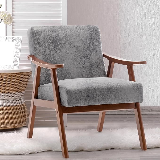 Furnimart Accent Chairs Set of 2, Mid-Century Modern Chair Reading Chairs with Extra-Thick Backrest, Wooden Armchairs for Living Room, Bedroom, Waiting Room, Grey Fabric