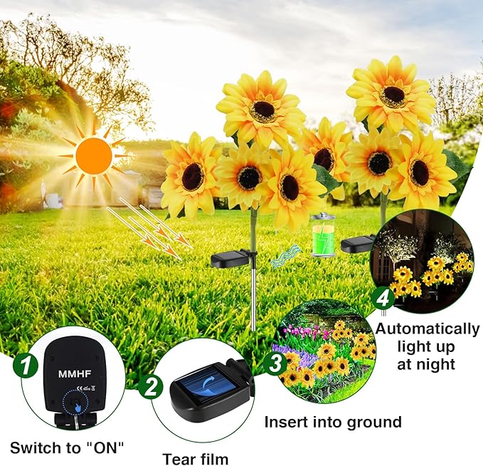 Outdoor Solar Garden Stake Lights,Upgraded LED Solar Powered Light with 3 Sunflower, Waterproof Solar Decorative Lights for Garden, Patio, Backyard (2 Pack 8 Flower)