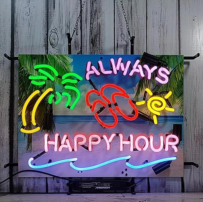 Neon Signs Beer Bar Bedroom Always Happy Hour Palm Tree Glass Neon Signs for Office Pub Cafe Party Man Cave Neon Light Art Wall Lights 24 X 20 Inches High Definition Jet Graphic Printing Board