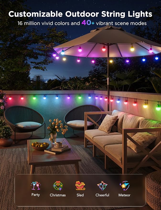 Govee Smart Outdoor String Lights 2, 96ft RGBIC Outdoor Lights with Dimmable Warm White LED Bulbs, 47 Scene Modes for Patio, Backyard, IP65 Waterproof, Works with Alexa, App Control