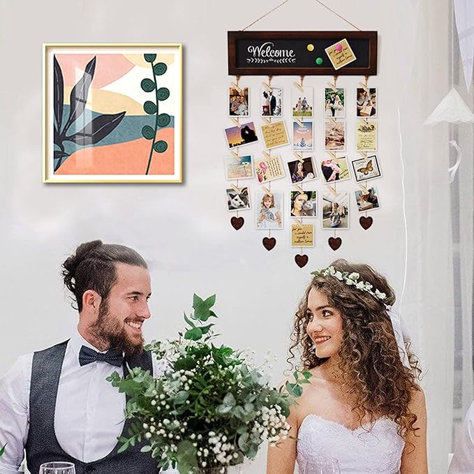 Picture Frames Collage Display Board with 30 Clips - Multi Photos Cards Organizer with Adjustable Twines and Magnetic Blackboard - DIY Wall Decor Hanging Picture Holder 15.7x5 Inches