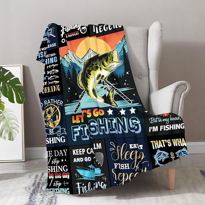Fishing Blanket Gifts for Fisherman Men Boys - Fish Lovers Throw for Dad Women Adults Bedroom Living Room Decor Soft Fleece Cozy Bed Couch Birthday Christmas Lightweight Blanket 50"x60"