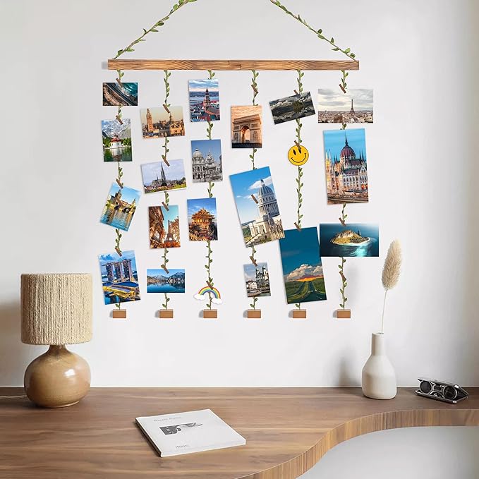 Wooden Hanging Photo Display Pictures Holders with 30 Clips,Picture Collage Frames for Wall,Suitable for Home Office Nursery Bedroom Room Dorm-Carbonized Black