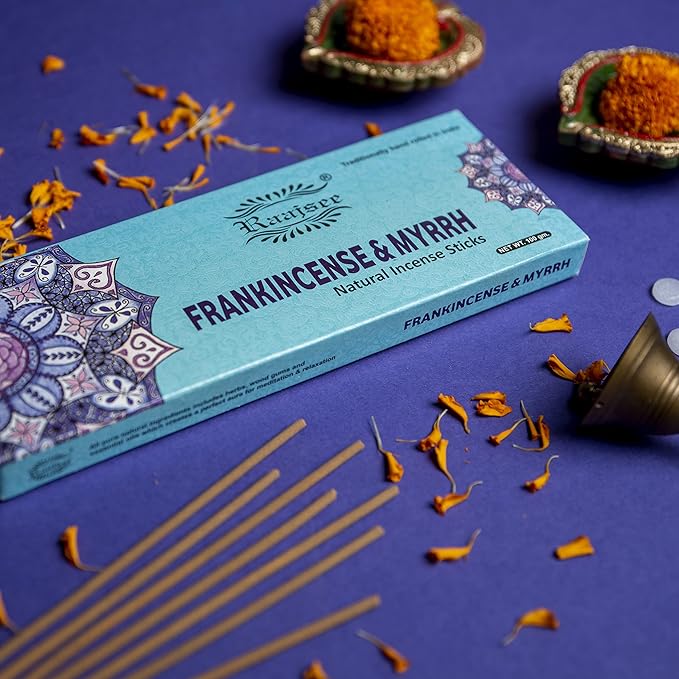 Raajsee Frankincense & Myrrh Incense Sticks, 100%-Natural Charcoal Free Organic Non Toxic Clean Burning Handmade Insence Sticks 100 gm Pack, Meditation Gifts – Spritual Cleansing