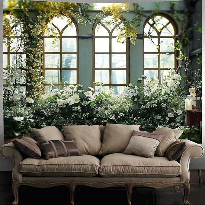 FENDROM Window View White Flower Tapestry Nature Landscape Classic Flower Vine Wall Hanging Party Decorations For Bedroom Living Room Dorm