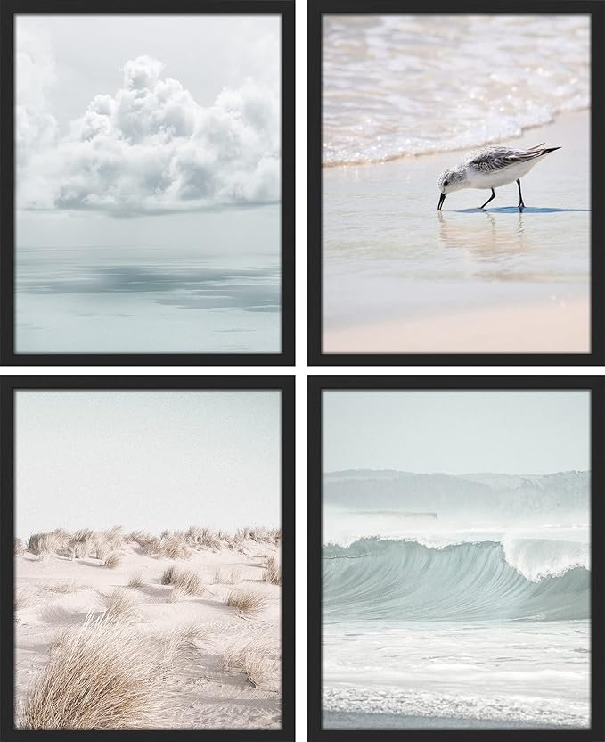 SIGNWIN Framed White Nautical Ocean Sea Beach Grass Seagull Wall Art, Set of 4 Landscape Colorful Wall Decor Prints, Nature Wilderness Wall Décor for Living Room, Bedroom - 12"x16" Black