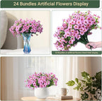 24 Bundles Artificial Flowers for Outdoors & Indoors – UV Resistant Faux Plastic Plants for Garden, Patio, Porch, Window Box, Home Decor – Lush & Vibrant Fake Flowers, Pink