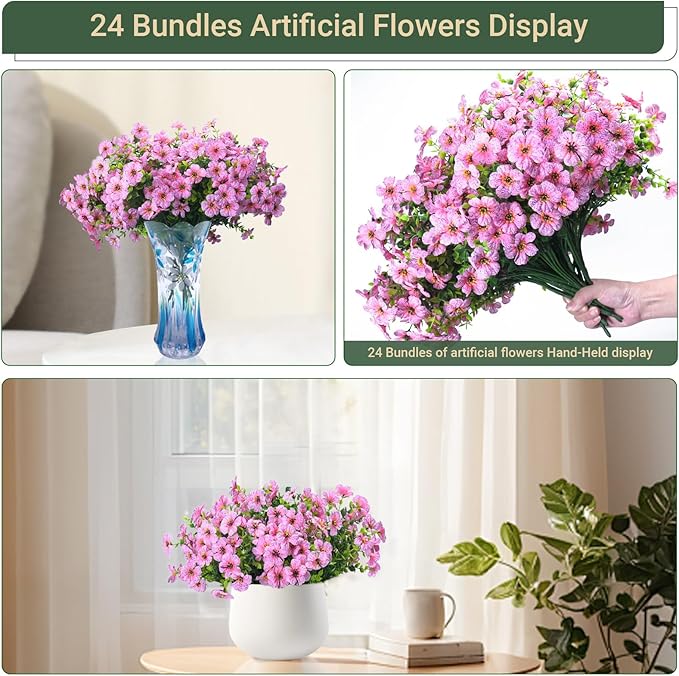 24 Bundles Artificial Flowers for Outdoors & Indoors – UV Resistant Faux Plastic Plants for Garden, Patio, Porch, Window Box, Home Decor – Lush & Vibrant Fake Flowers, Pink