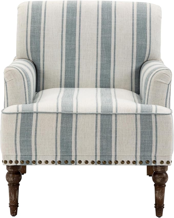 UIXE Stripe Accent Chair, Living Room Arm Chairs Modern Nailhead Trim Club Armchair with Wood Legs, Comfy Upholstered Sofa Lounge Seat Reading Seat Bedroom Side Seating for Home Office, Blue