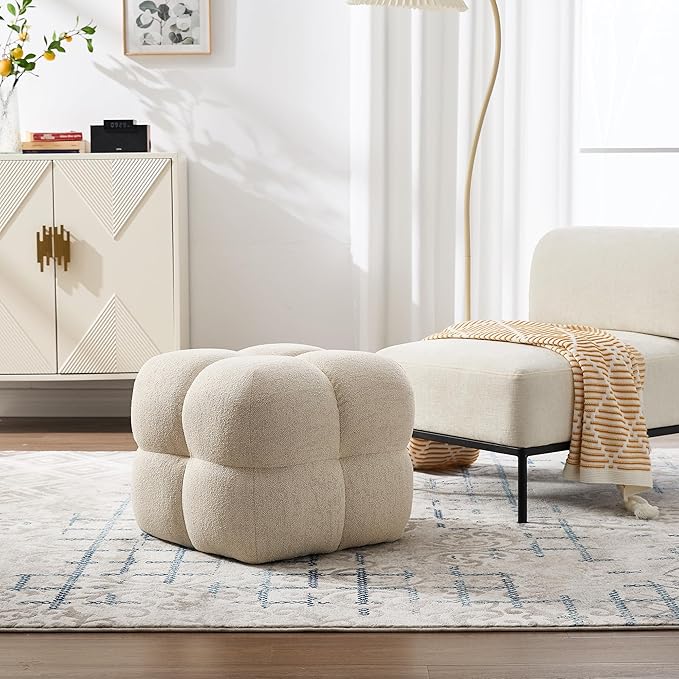 ONEVOG Beige Modern Ottoman, 21" Square Funky Pouf Ottoman, Linen Fabric Upholsered Foot Rest, Small Coffee Table & Couch Footstool & Vanity Chair for Living Room Bedroom, Dorm, Cute Pouf Home Decor