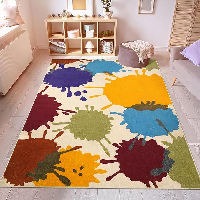 STARUIA Large Area Rug for Living Room, 8'x10' Rainbow Kids Rug for Classroom, Colorful Art Washable Rugs for Bedroom, Non-Slip Ink Splotch Nursery Rugs Soft Modern Living Room Carpet for Dorm School