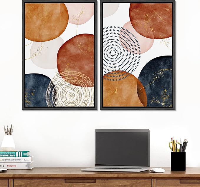 SIGNFORD Framed Wall Art Print Set Vintage Mid-Century Spiral Watercolor Dot Abstract Shapes Illustrations Modern Minimalist Multicolor for Living Room, Bedroom, Office - 16"x24"x2 Black