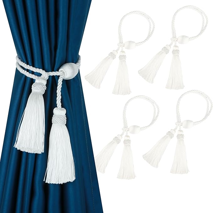 Curtain Tiebacks with Tassel,Modern Rope Window Curtain Ties Backs for Draperies, Outdoor Elegant Decorative Curtain Holdbacks 4 Pack