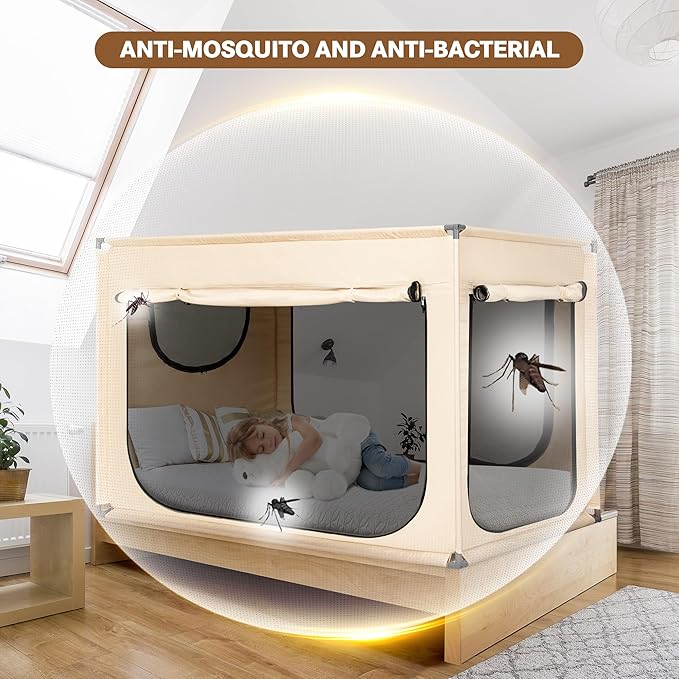 Bed Canopy Portable Blackout Bed Tent Privacy Tent for Adult Indoor Sleeping with 3 Doors, Storage Bag