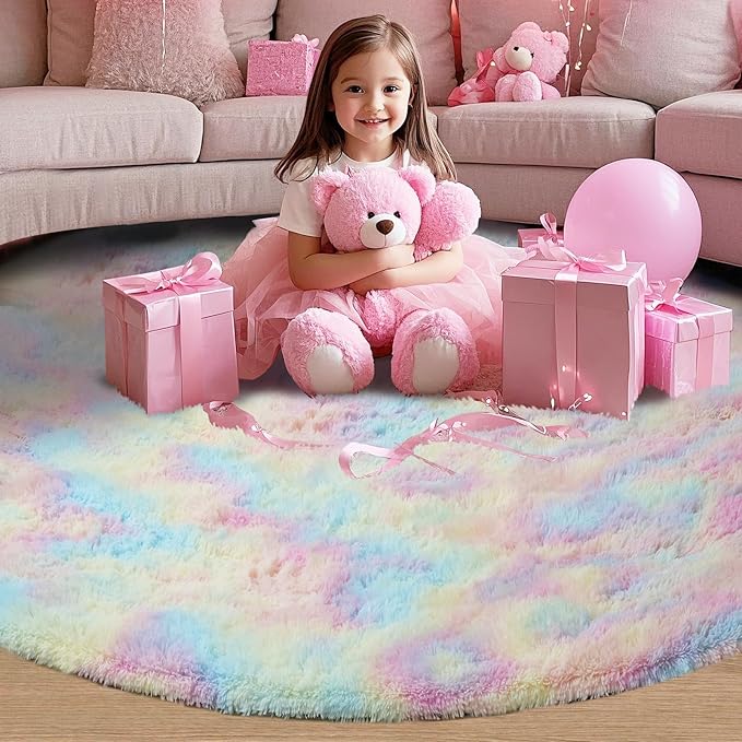Round 5x5 ft Fluffy Rainbow Rug: Ultra Soft Furry Girls Bedroom Carpet- Colorful Oval Plush Shag Nursery Rug for Girls Room & Kids Room, Cute Home Decor