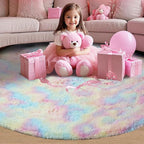 Round 5x5 ft Fluffy Rainbow Rug: Ultra Soft Furry Girls Bedroom Carpet- Colorful Oval Plush Shag Nursery Rug for Girls Room & Kids Room, Cute Home Decor