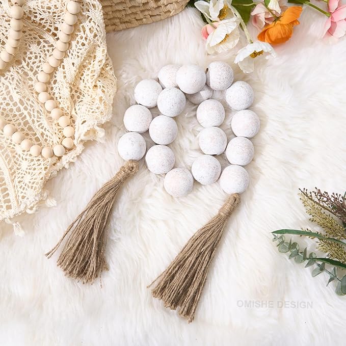 OMISHE Extra Large Wood Bead Garland Rustic White with 1.6" Diameter Wooden Beads and Tassels, 41" Long Rustic Farmhouse Country Decorative Beads for Home Tray Decor, Rustic White