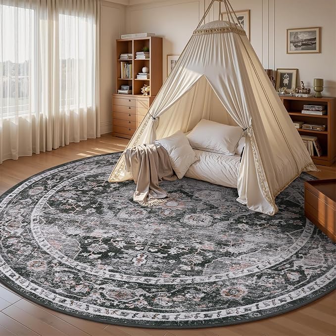 AMOAMI-6FT Round Rug-Rugs for Living Room-Vintage Soft Black Rugs for Bedroom-Non Slip Circle Rug-Machine Washable Rug for Dining Room Living Room Bedroom Office Under Table Dark Grey & Black