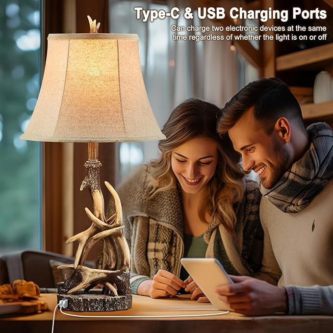 27.25'' Rustic Antler Table Lamp for Bedroom Nightstand Lamps with USB A + C Charging Ports Western Cabin Lamps for Living Room Home Office, Linen Lampshade, Single, Bulb Not Included