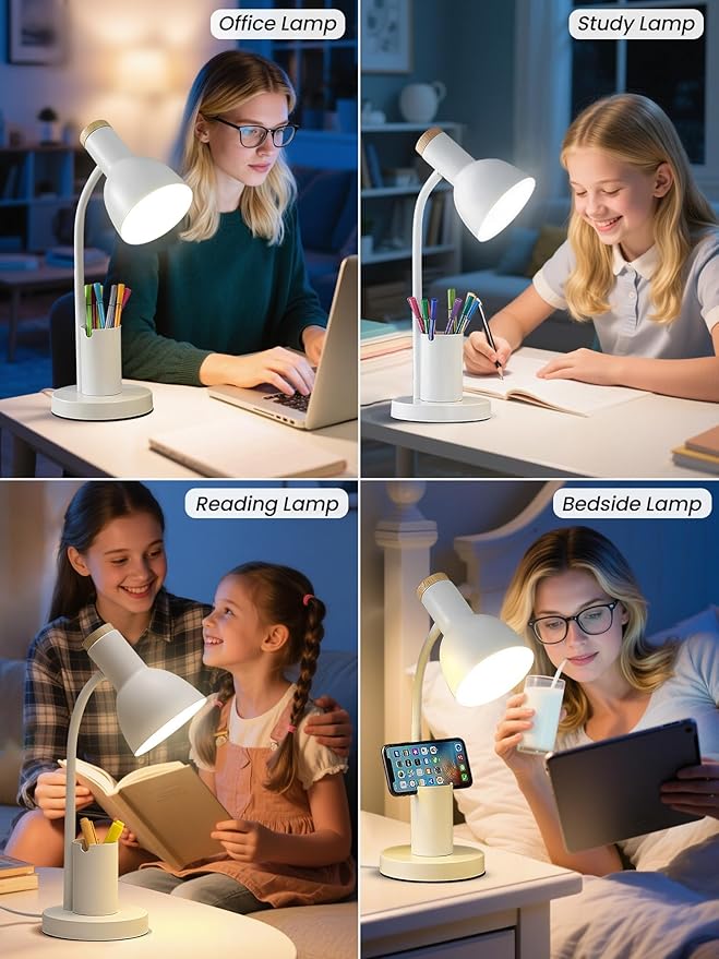 LED Desk Lamp with Pen Holder, Eye-Caring Desk Light 3 Color Modes Reading Light Flexible Gooseneck Metal Study Lamp, Cute Table Lamps for Home Office Bedside Dorm(White lamp)