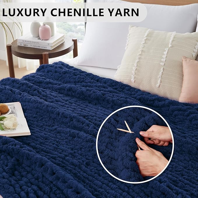 L'AGRATY Chunky Knit Blanket Throw: 80''x90'' Chenille Chunky Knitted Throw Blanket for Bed Couch - Handmade Thick Big Cable Knit Blanket - Large Chunky Crochet Blanket for Home Decor(Navy Blue)