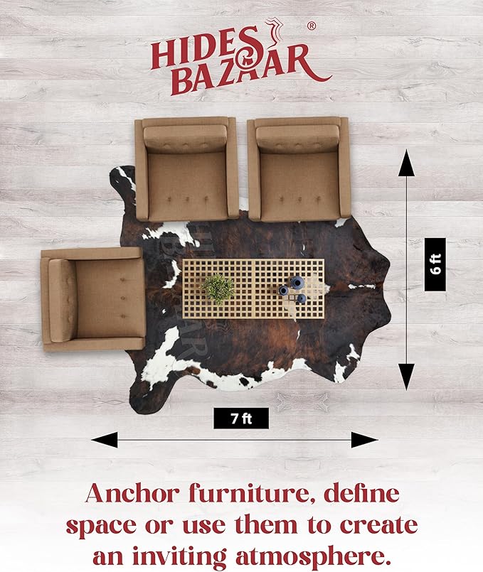 Natural Cowhide Rug for Home & Office Premium Dark Tricolor Cowhide Rug with Unique Dark Brown, Black & White Patterns- Cow Hide Rugs Made with Tanned Leather - Cow Hide Rugs 6x6-7 ft