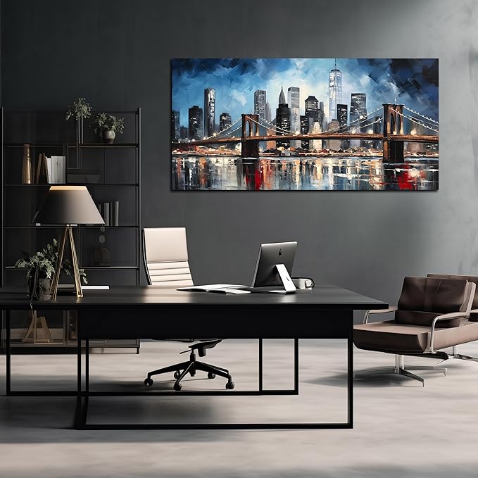 Brooklyn Bridge Wall Art for Bedroom,Modern City Large Canvas Wall Art Living Room,Blue Home Office Decor 29 x 59 Inch