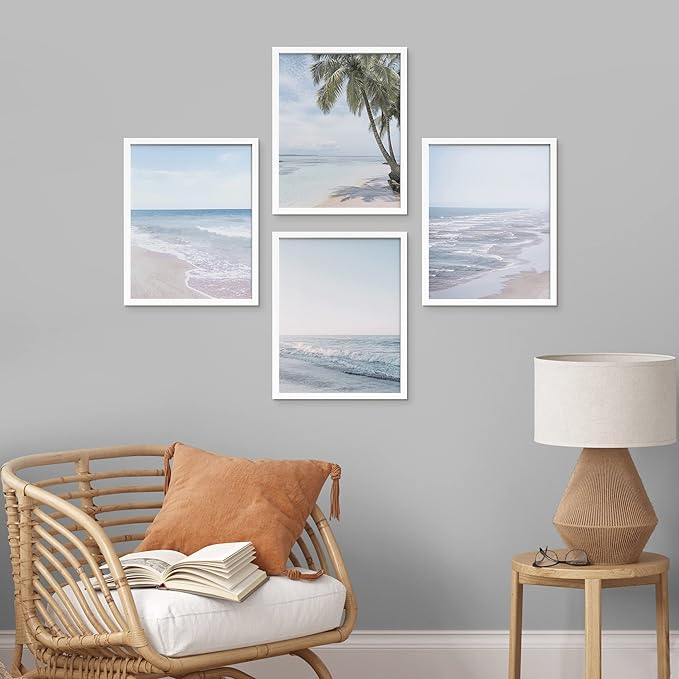 SIGNWIN Framed White Pastel Tropical Island Ocean Beach Shore Wall Art, Set of 4 Landscape Colorful Wall Decor Prints, Nature Wilderness Wall Décor for Living Room, Bedroom - 8"x10" White