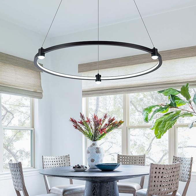 Modern Led Pendant Light Fixture Modern Led Chandelier Dimmable 23.6" Black 1 Circular Ring Hanging Pendant Lighting Fixture for Living Room Dining Room Kitchen Office Foyer 3000K 4000K 6000K