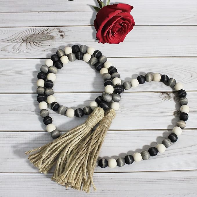 CVHOMEDECO. Wood Beads Garland with Tassels Farmhouse Rustic Wooden Prayer Bead String Wall Hanging Accent for Home Festival Decor. Black Grey Mix Distressed