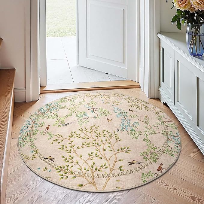 jinchan Round Rugs 4ft Beige Botanical Birds Print Machine Washable 4' Circle Nature Plants Modern Soft Non Slip Throw Area Rugs Ultra Thin Low Pile Carpet for Entryway Bedroom Kitchen Room
