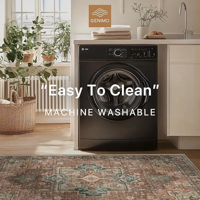 GENIMO 5x7 Area Rugs for Living Room, Machine Washable Non Slip Vintage Rugs, Low Pile Lightweight Chenille Print Rug for Bedroom, Dining Room, Home Office, Rosewood