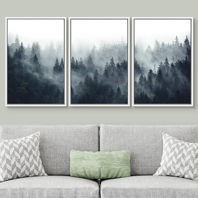 SIGNWIN Framed Canvas Print Wall Art Woodland Nursery Decor Set Misty Mountain Range Pine Tree Forest Nature Realism Decorative Rustic Chic for Living Room, Bedroom, Office - 16"x24"x3 White