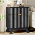 Fluted Nightstand with Charging Station, 24" Wide Bedside Table with 3 Large Storage Drawers, Modern Wood Side Table Night Stand, End Table Small Dresser for Bedroom, Living Room, Dorm, Black