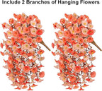 2 PCS Artificial Faux Fall Hanging Flowers Plants for Outdoor,Fake Silk Morning Glory with Eucalyptus UV Resistant Mums for Wall Home Porch Patio Balcony Yard Indoor Decor (Fall Orange+Light Orange)