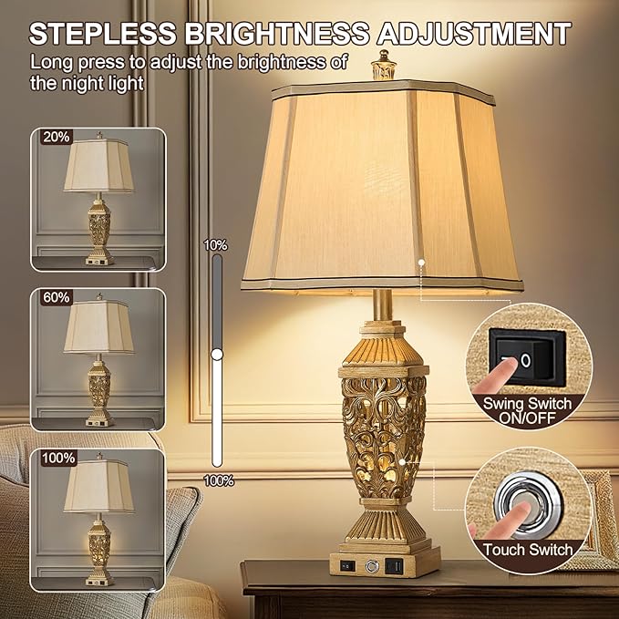 AIDENOEY 27.5“ Farmhouses Table Lamp with USB & USB-C Charging Ports, 3-Color Dimmable & Stepless Bottom Dimming, Touch Control & Switch, Vintage Bedside Lamp for Bedroom Living Room Office,(Brown)
