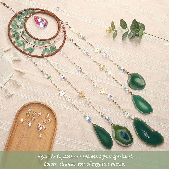 Green Agate Gemstone Large Moon Dream Catcher Chakra Tree of Life Dream Catcher with Aventurine Handmade Dreamcatcher Suncatcher Wall Decor for Adults Boys Girls Bedroom Garden Bless Gift