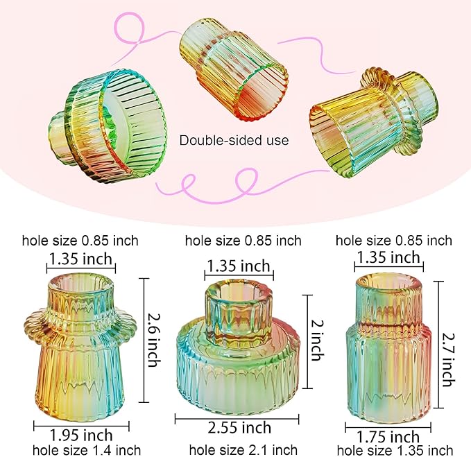 Double Sided Vintage Ribbed Taper Glass Candle Holders,Tea Candle Holder for Table Centerpieces, Wedding Decorations and Dinner Parties (Rainbow, 3 PCS)