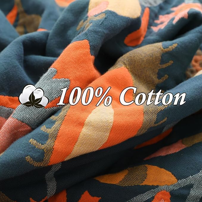 Snycler Boho Throw Blanket for Bed, 100% Organic Cotton Muslin Soft Throw-Orange Boho Floral Farmhouse Rustic Spring Summer Fall Decor Blanket for Couch Sofa Quilt and Gift, 60" x 80"