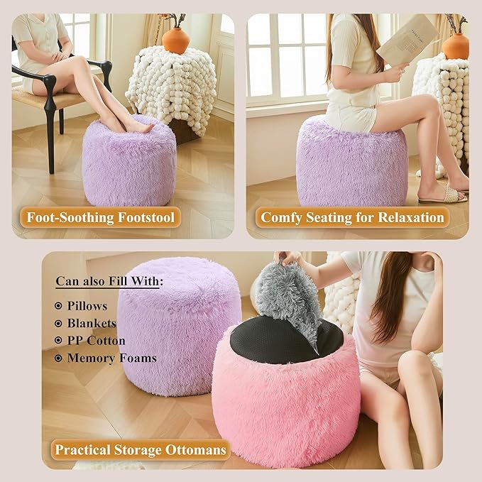XeGe Fluffy Faux Fur Inflatable Pouf Ottoman, Soft Fuzzy Foot Stool Light Purple, Furry Footrest Floor Pouf Anti-Slip Kid Girls Adult, Foldable Round Ottoman Cushion Living Room Bedroom, Lavender