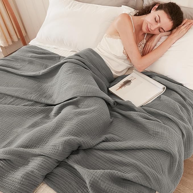 EMME Cotton Throw Blanket for Couch Soft Muslin Blankets 50"x60" Lightweight Breathable Blanket All Season Gauze Blanket, Grey
