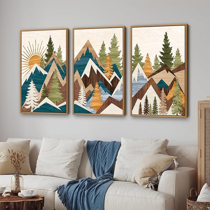 Tinonedraw Large Metal Mountain Framed Canvas Wall Art of 3, Boho Rustic Sunrise Forest Wall Decor, Modern Nature Country Artwork, Vintage Wilderness Art Print for Living Room Bedroom Office 16"x24"