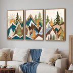 Tinonedraw Large Metal Mountain Framed Canvas Wall Art, Boho Rustic Sunrise Forest Wall Decor, 3 Piece Modern Nature Artwork, Vintage Wilderness Art Print for Living Room Bedroom Office 24"x36"x3