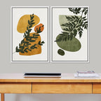 SIGNFORD Framed Canvas Print Wall Art Set Mid-Century Forest Fern Leaf Collage Abstract Shapes Illustration Modern Art Decorative Nordic Nature for Living Room, Bedroom, Office - 16"x24"x2 White