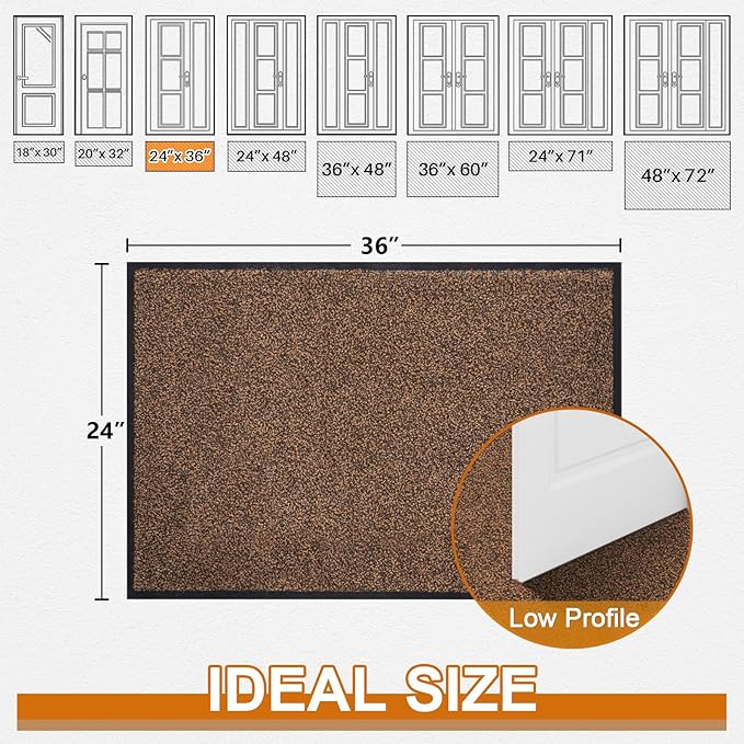 Mibao Front Door Mat, Dirt Trapper Welcome Mat for Outdoor Indoor, Non-Slip Waterproof Doormat, Durable Machine Washable Low Profile Entry Rug for Back Door Outside Patio Porch, 36" x 24", Brown